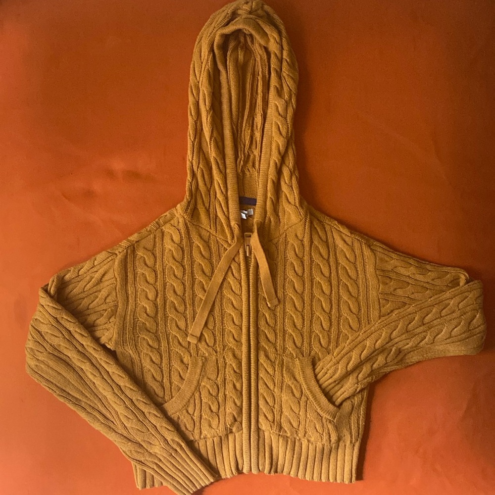 American Eagle Cropped Cable Knit Zip-Up Sweater with Hoodie (XXS)